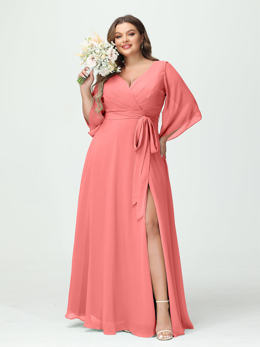 A-Line/Princess V-Neck Long Sleeves Chiffon Split Side Plus Size Bridesmaid Dresses With Pockets Belt Coral