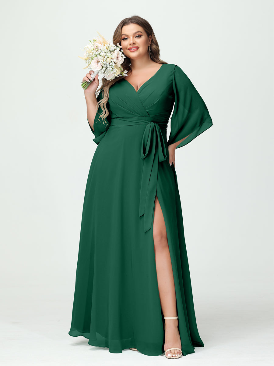 A-Line/Princess V-Neck Long Sleeves Chiffon Split Side Plus Size Bridesmaid Dresses With Pockets Belt Dark Green