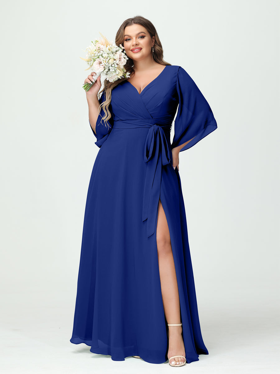 A-Line/Princess V-Neck Long Sleeves Chiffon Split Side Plus Size Bridesmaid Dresses With Pockets Belt Dark Royal Blue