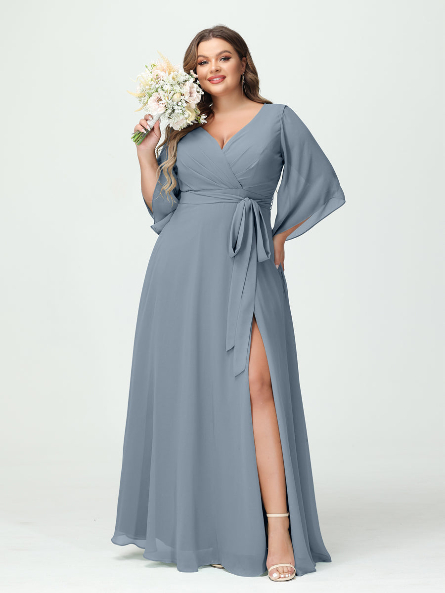 A-Line/Princess V-Neck Long Sleeves Chiffon Split Side Plus Size Bridesmaid Dresses With Pockets Belt Dusty Blue