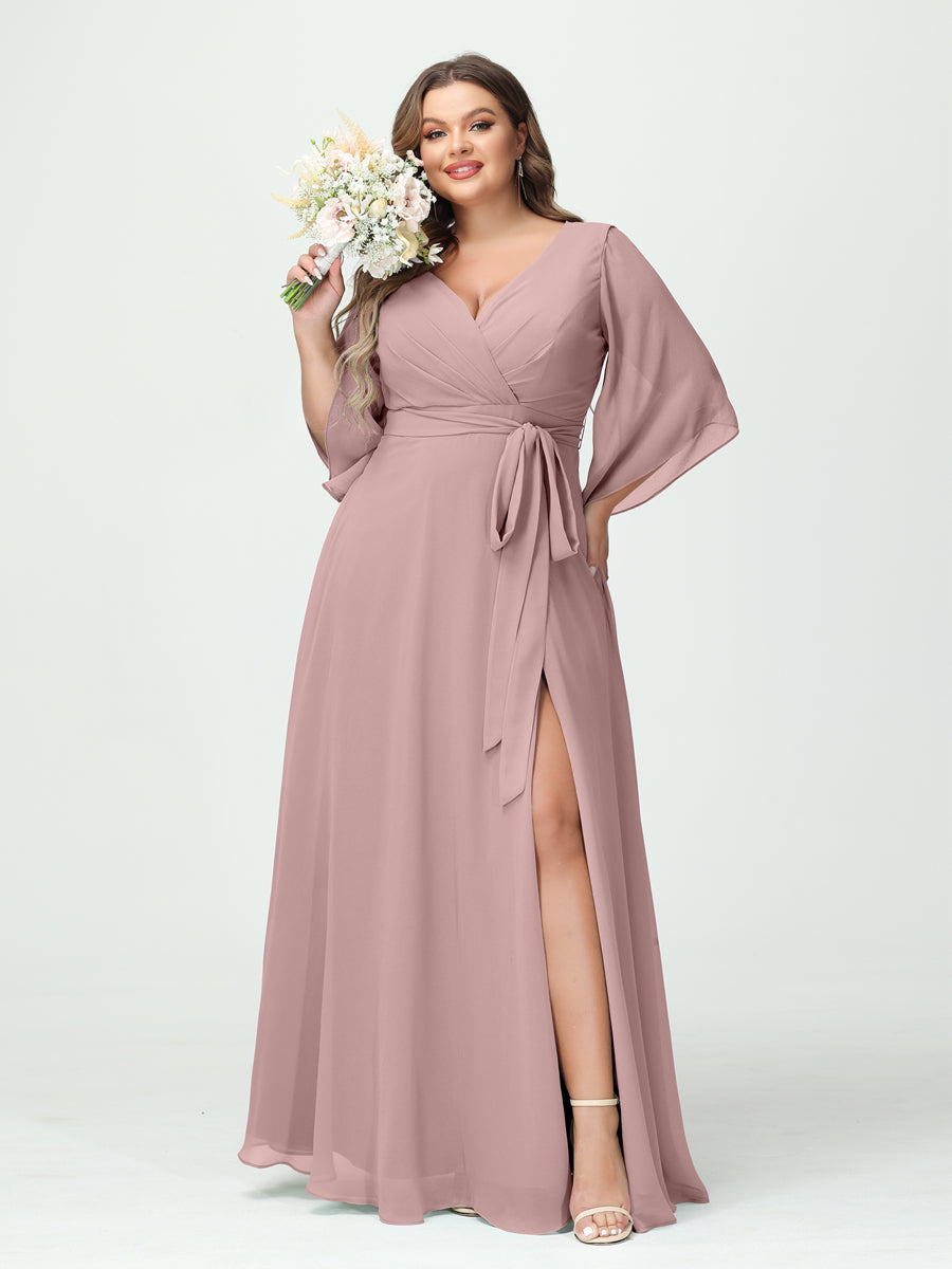 A-Line/Princess V-Neck Long Sleeves Chiffon Split Side Plus Size Bridesmaid Dresses With Pockets Belt Dusty Pink