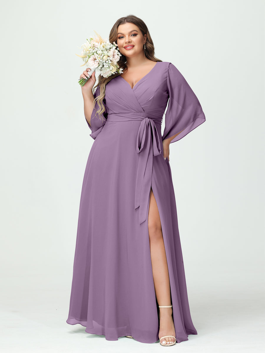 A-Line/Princess V-Neck Long Sleeves Chiffon Split Side Plus Size Bridesmaid Dresses With Pockets Belt Dusty Purple