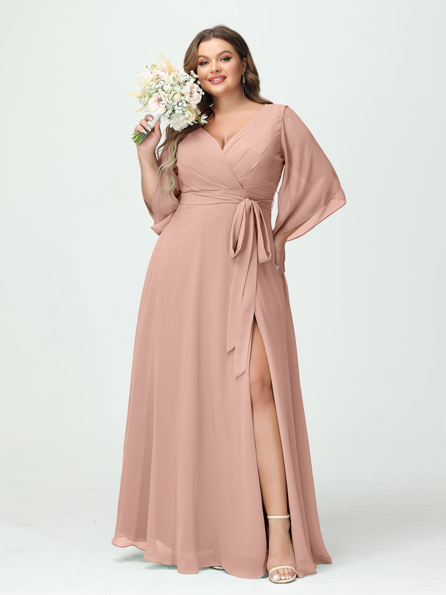 A-Line/Princess V-Neck Long Sleeves Chiffon Split Side Plus Size Bridesmaid Dresses With Pockets Belt Dusty Rose