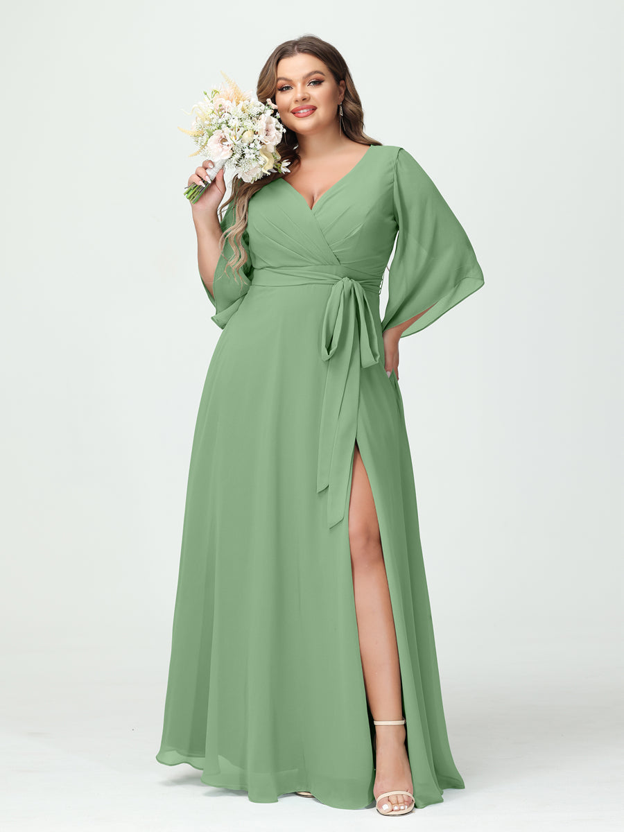 A-Line/Princess V-Neck Long Sleeves Chiffon Split Side Plus Size Bridesmaid Dresses With Pockets Belt Dusty Sage