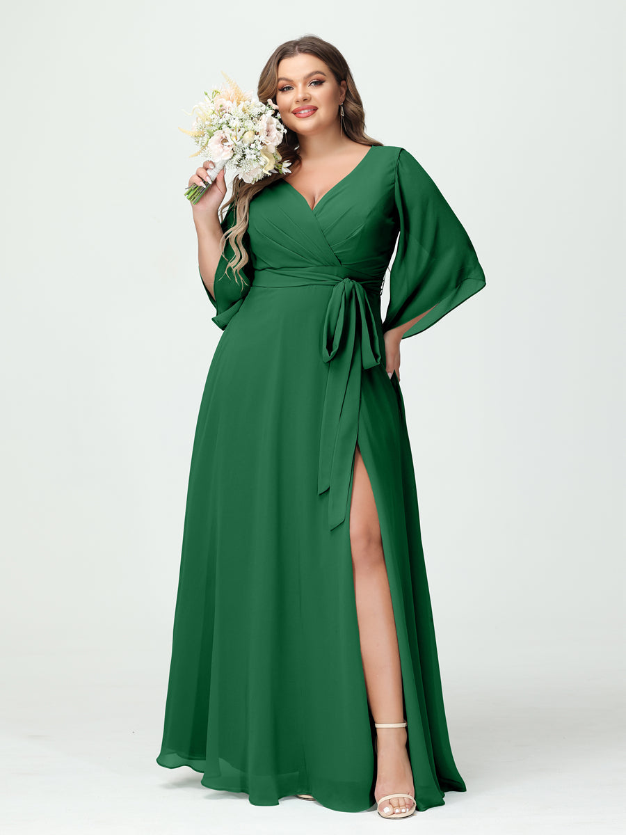 A-Line/Princess V-Neck Long Sleeves Chiffon Split Side Plus Size Bridesmaid Dresses With Pockets Belt Emerald