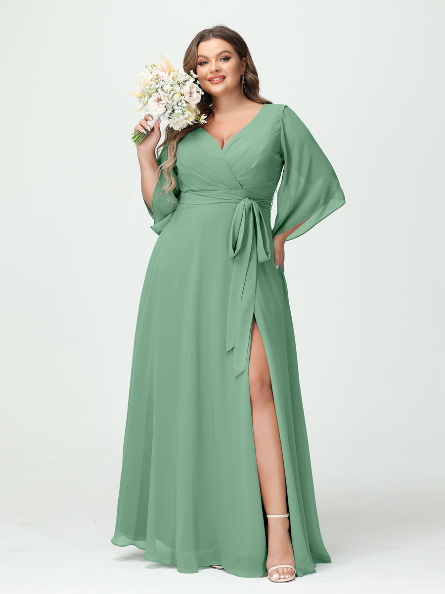 A-Line/Princess V-Neck Long Sleeves Chiffon Split Side Plus Size Bridesmaid Dresses With Pockets Belt Eucalyptus