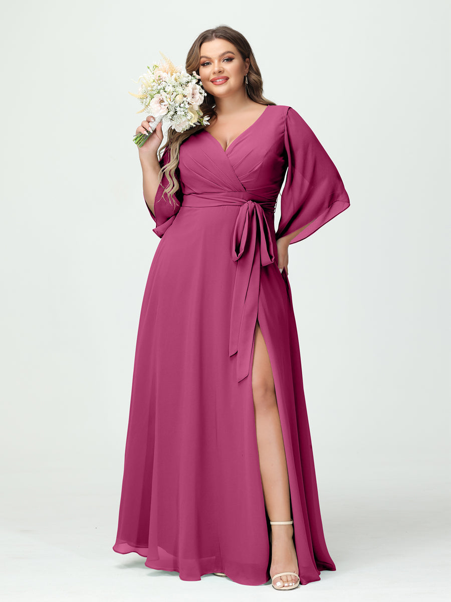 A-Line/Princess V-Neck Long Sleeves Chiffon Split Side Plus Size Bridesmaid Dresses With Pockets Belt Fuchsia