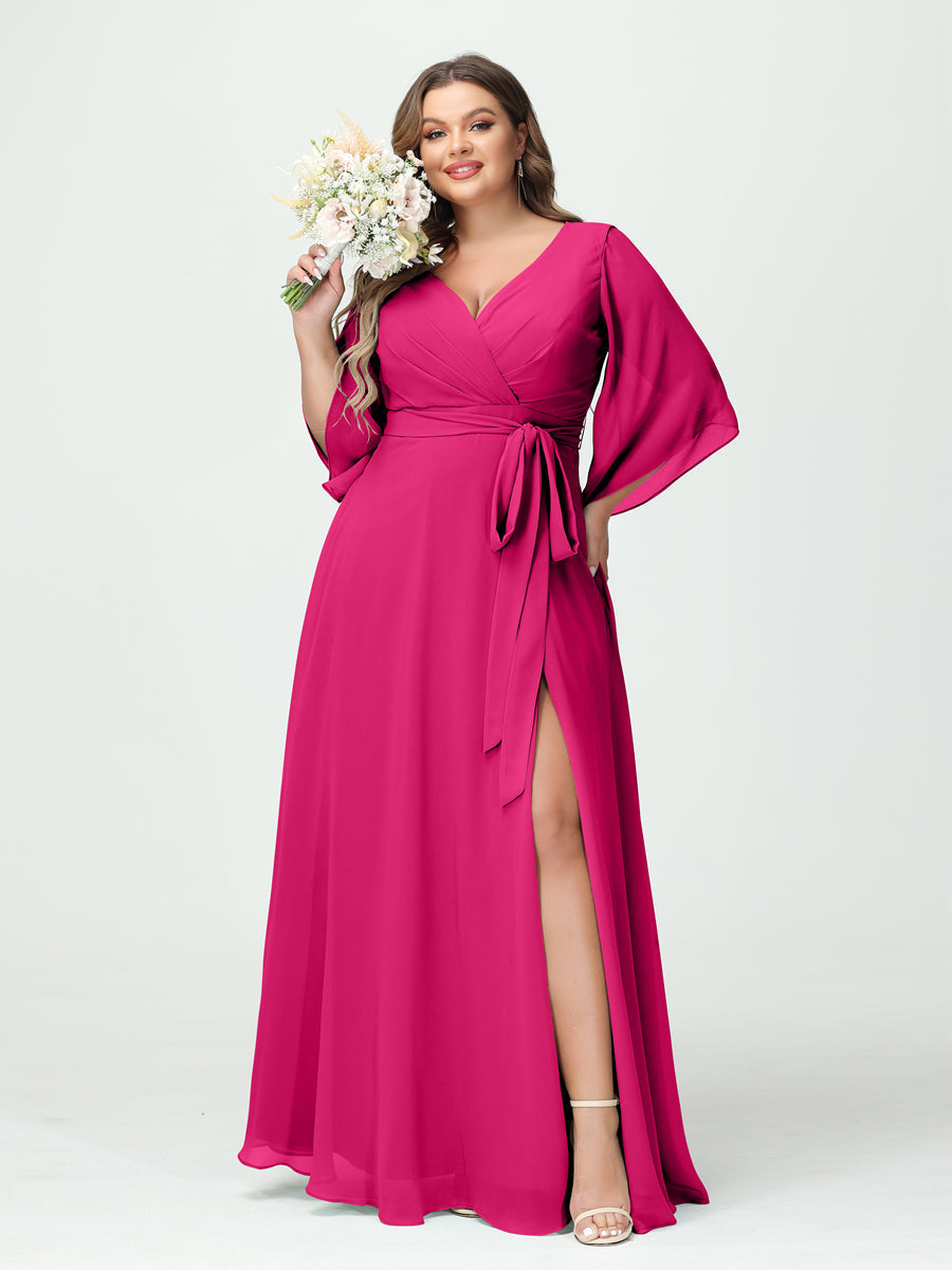A-Line/Princess V-Neck Long Sleeves Chiffon Split Side Plus Size Bridesmaid Dresses With Pockets Belt Fuchsia Pink