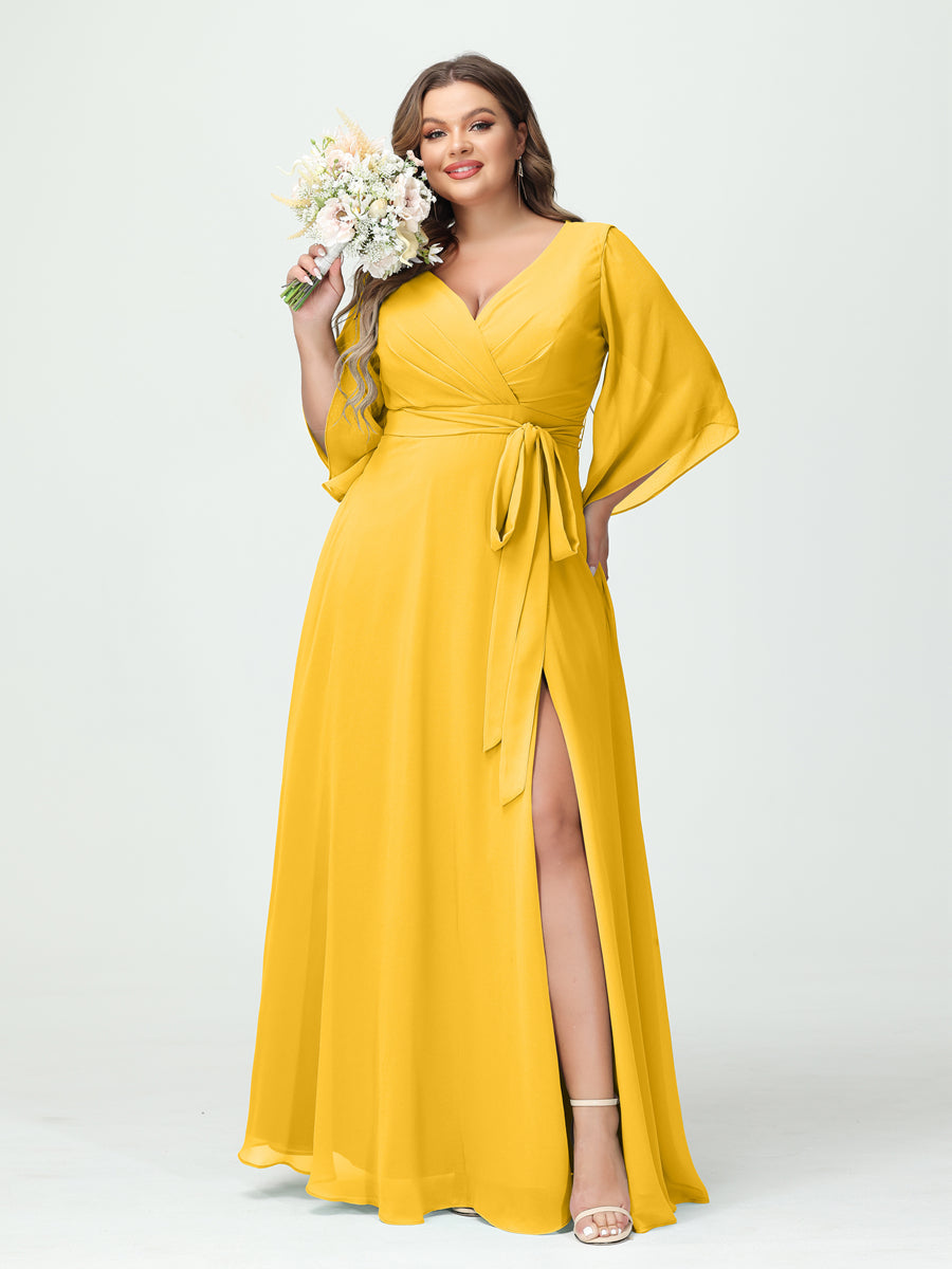 A-Line/Princess V-Neck Long Sleeves Chiffon Split Side Plus Size Bridesmaid Dresses With Pockets Belt Gold