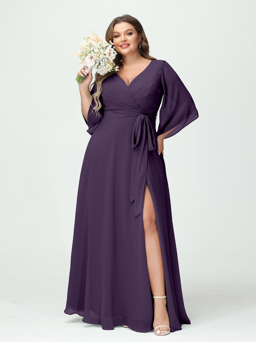 A-Line/Princess V-Neck Long Sleeves Chiffon Split Side Plus Size Bridesmaid Dresses With Pockets Belt Grape
