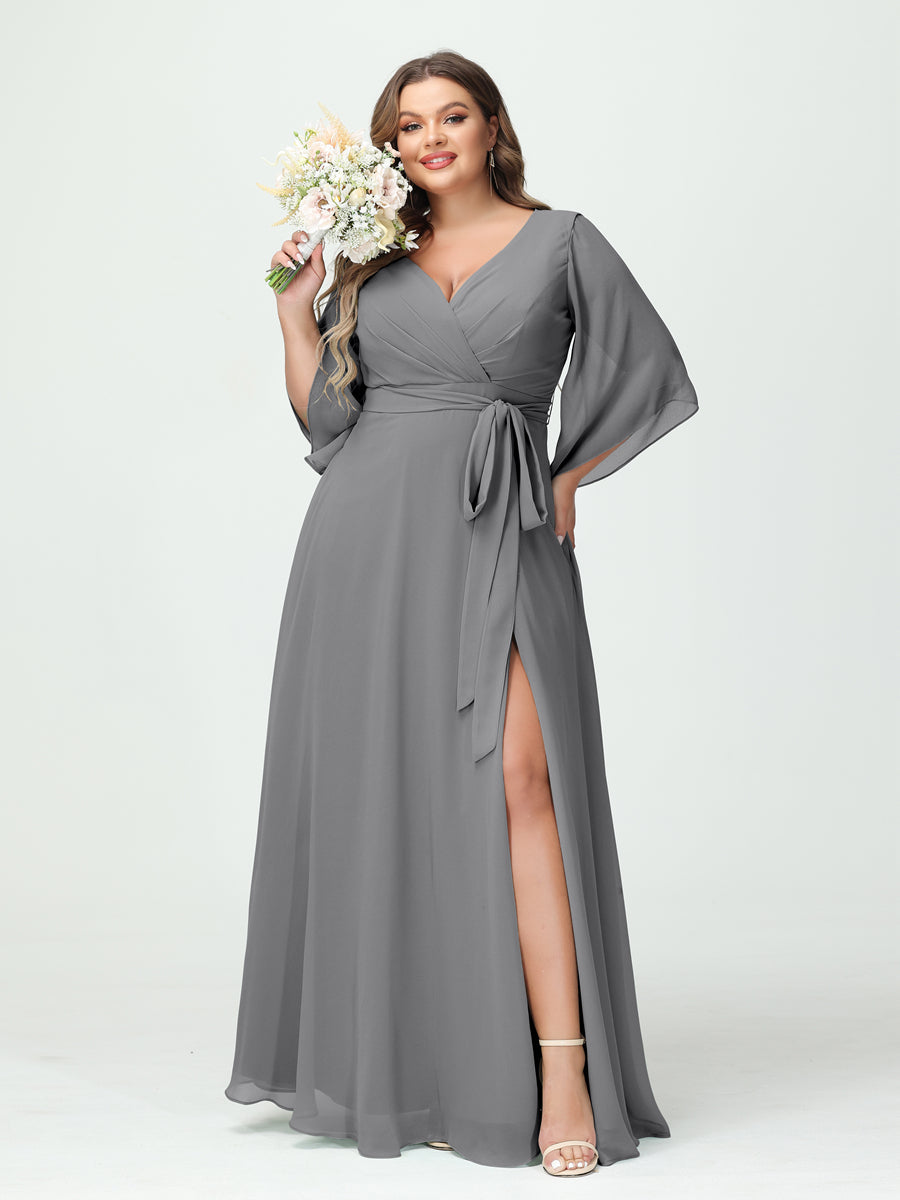 A-Line/Princess V-Neck Long Sleeves Chiffon Split Side Plus Size Bridesmaid Dresses With Pockets Belt Gray