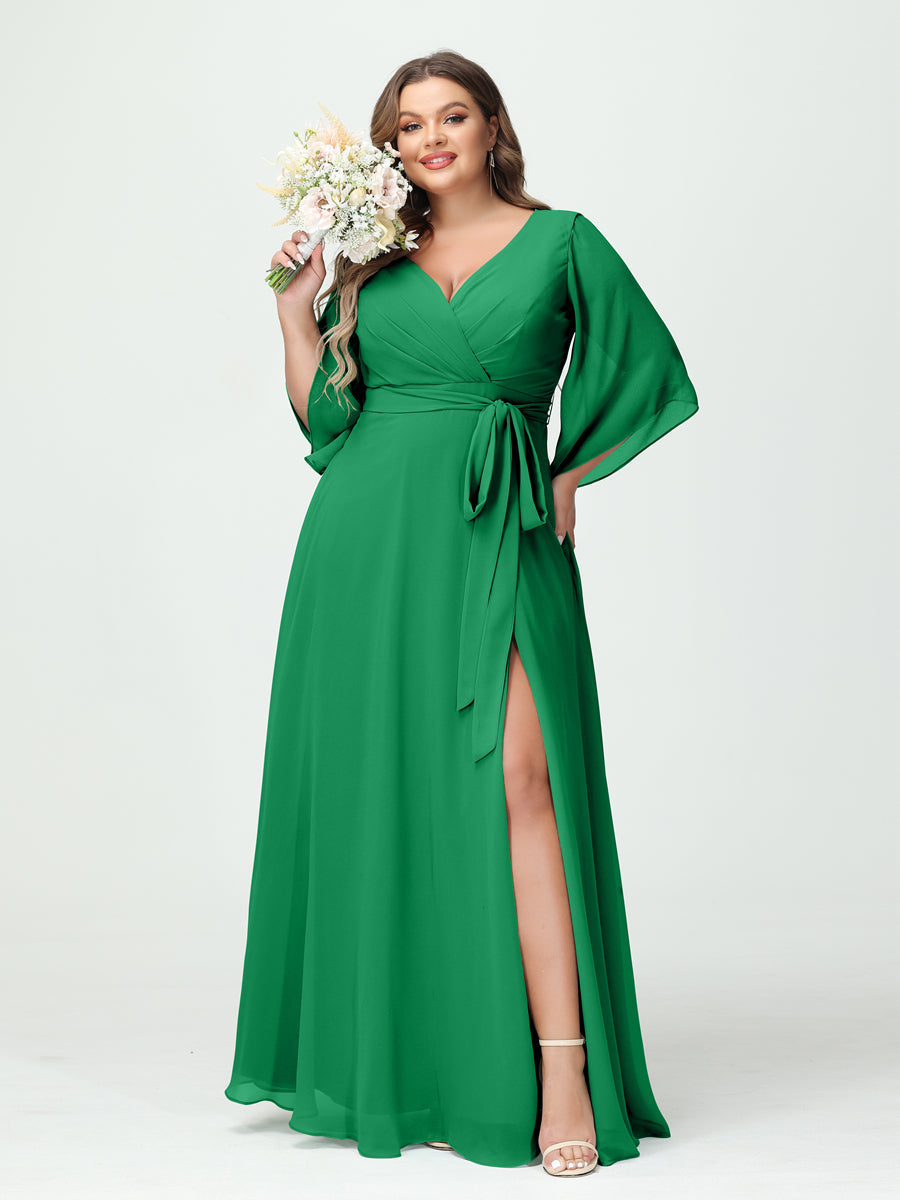 A-Line/Princess V-Neck Long Sleeves Chiffon Split Side Plus Size Bridesmaid Dresses With Pockets Belt Green
