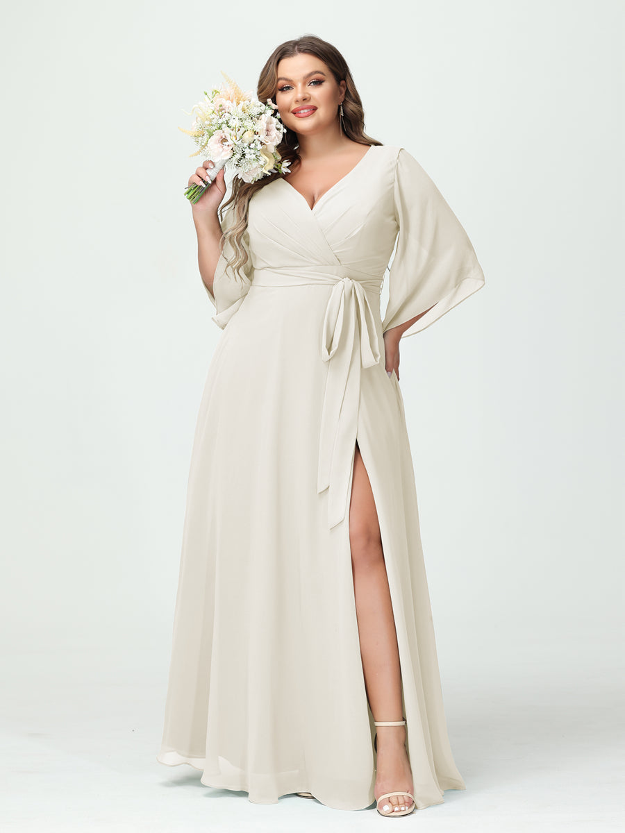 A-Line/Princess V-Neck Long Sleeves Chiffon Split Side Plus Size Bridesmaid Dresses With Pockets Belt Ivory