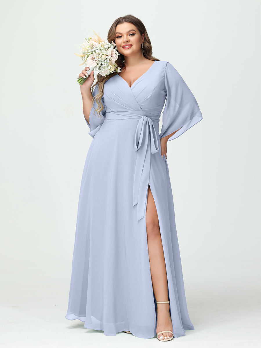 A-Line/Princess V-Neck Long Sleeves Chiffon Split Side Plus Size Bridesmaid Dresses With Pockets Belt Lavender
