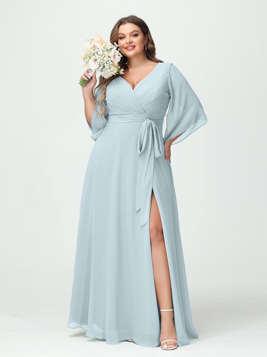 A-Line/Princess V-Neck Long Sleeves Chiffon Split Side Plus Size Bridesmaid Dresses With Pockets Belt Light Blue