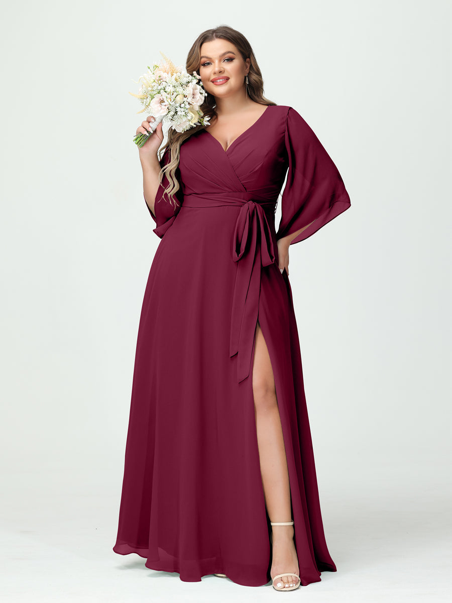 A-Line/Princess V-Neck Long Sleeves Chiffon Split Side Plus Size Bridesmaid Dresses With Pockets Belt Light Burgundy