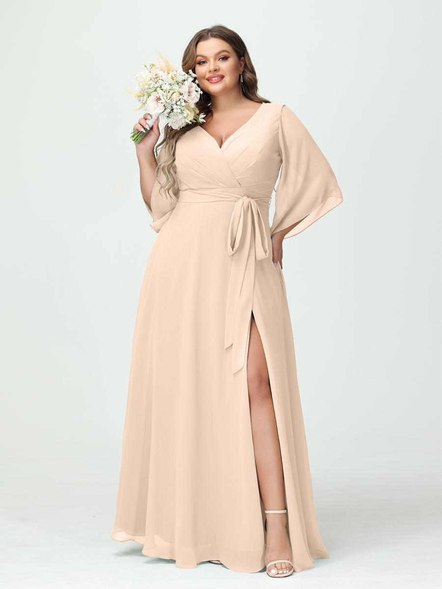 A-Line/Princess V-Neck Long Sleeves Chiffon Split Side Plus Size Bridesmaid Dresses With Pockets Belt Light Champagne