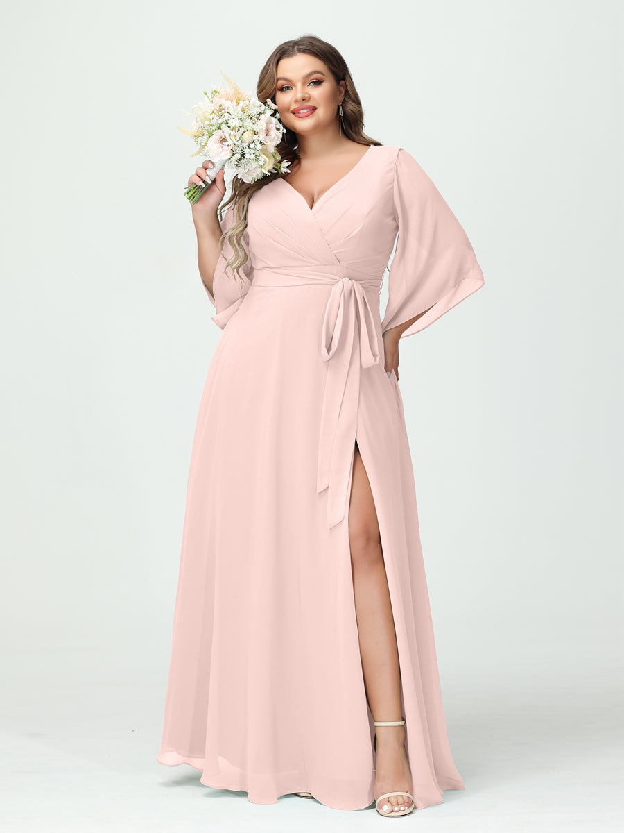 A-Line/Princess V-Neck Long Sleeves Chiffon Split Side Plus Size Bridesmaid Dresses With Pockets Belt Light Pink
