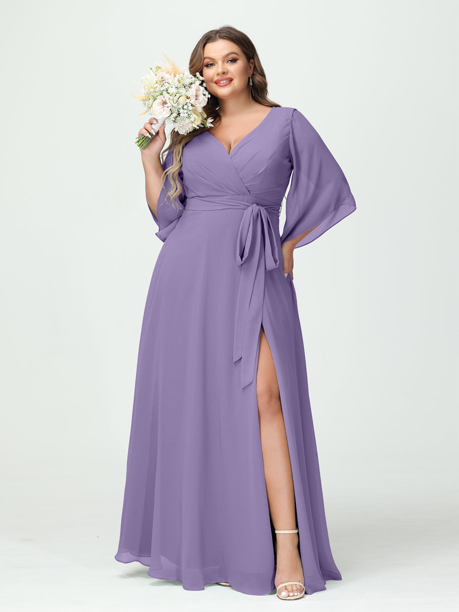 A-Line/Princess V-Neck Long Sleeves Chiffon Split Side Plus Size Bridesmaid Dresses With Pockets Belt Light Purple