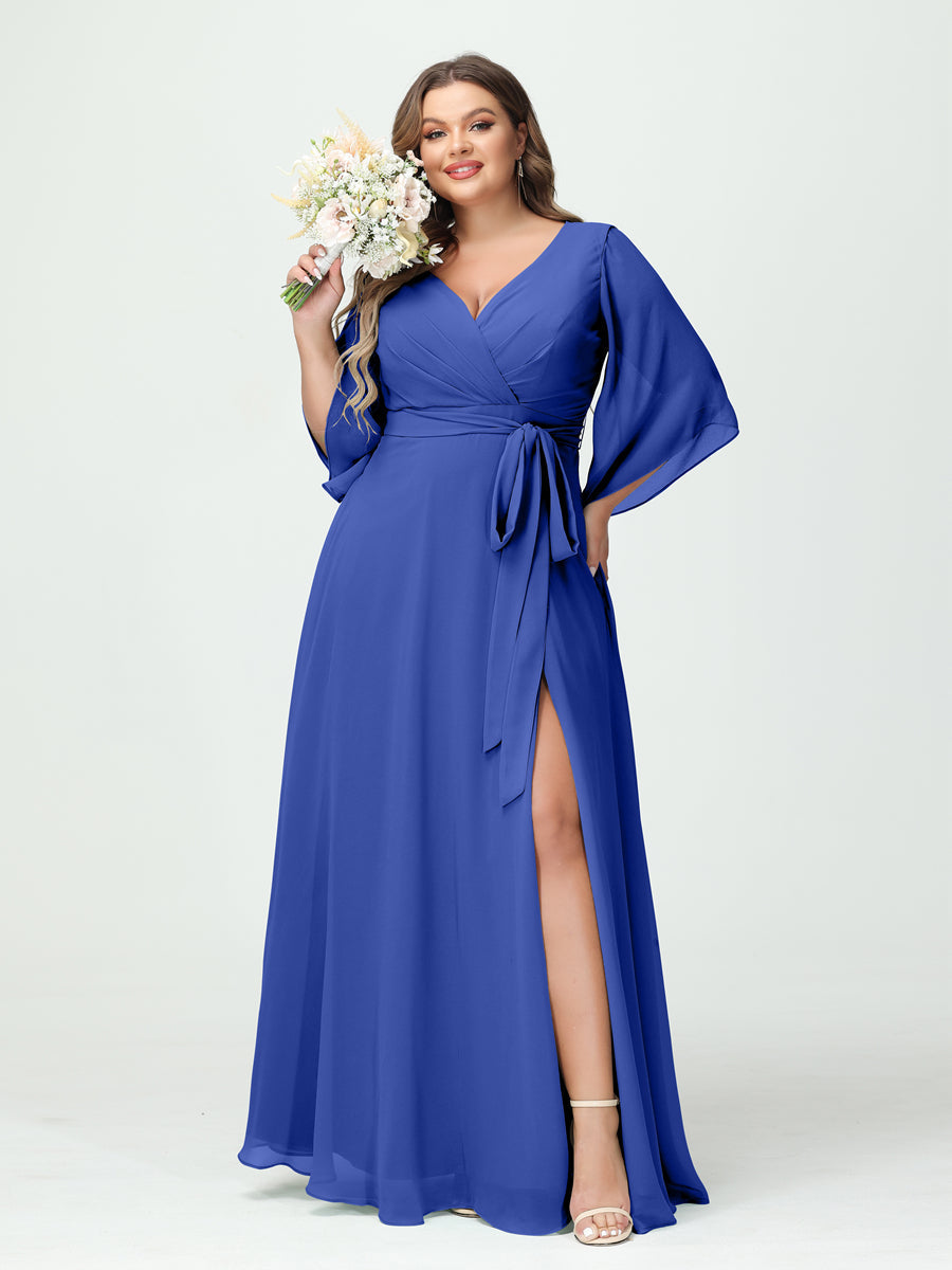 A-Line/Princess V-Neck Long Sleeves Chiffon Split Side Plus Size Bridesmaid Dresses With Pockets Belt Light Royal Blue
