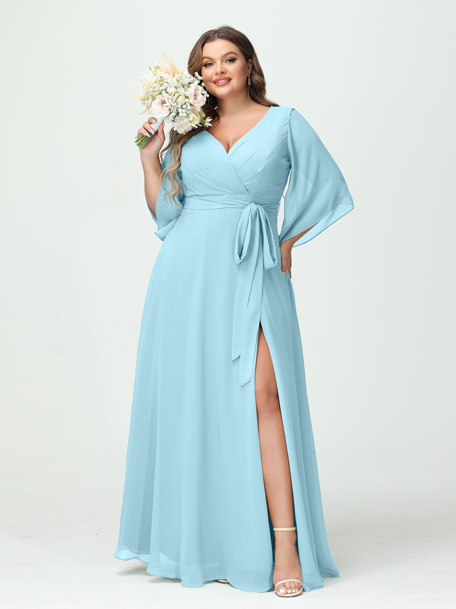 A-Line/Princess V-Neck Long Sleeves Chiffon Split Side Plus Size Bridesmaid Dresses With Pockets Belt Light Sky Blue