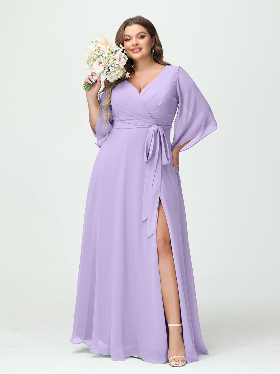 A-Line/Princess V-Neck Long Sleeves Chiffon Split Side Plus Size Bridesmaid Dresses With Pockets Belt Lilac
