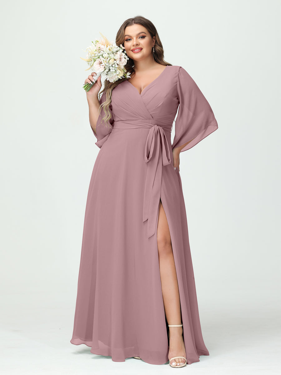 A-Line/Princess V-Neck Long Sleeves Chiffon Split Side Plus Size Bridesmaid Dresses With Pockets Belt Mauve