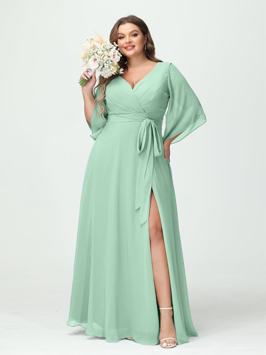 A-Line/Princess V-Neck Long Sleeves Chiffon Split Side Plus Size Bridesmaid Dresses With Pockets Belt Mint Green