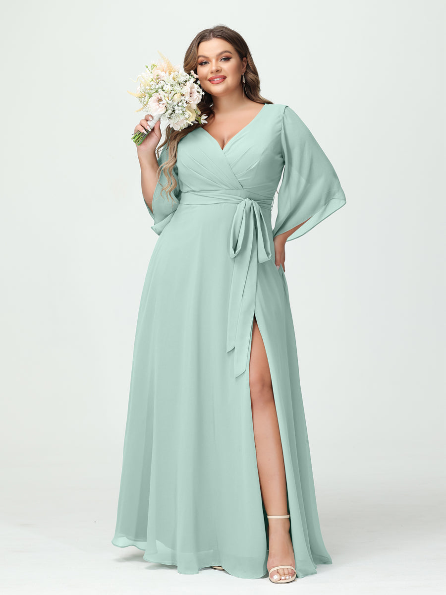 A-Line/Princess V-Neck Long Sleeves Chiffon Split Side Plus Size Bridesmaid Dresses With Pockets Belt Mist Blue