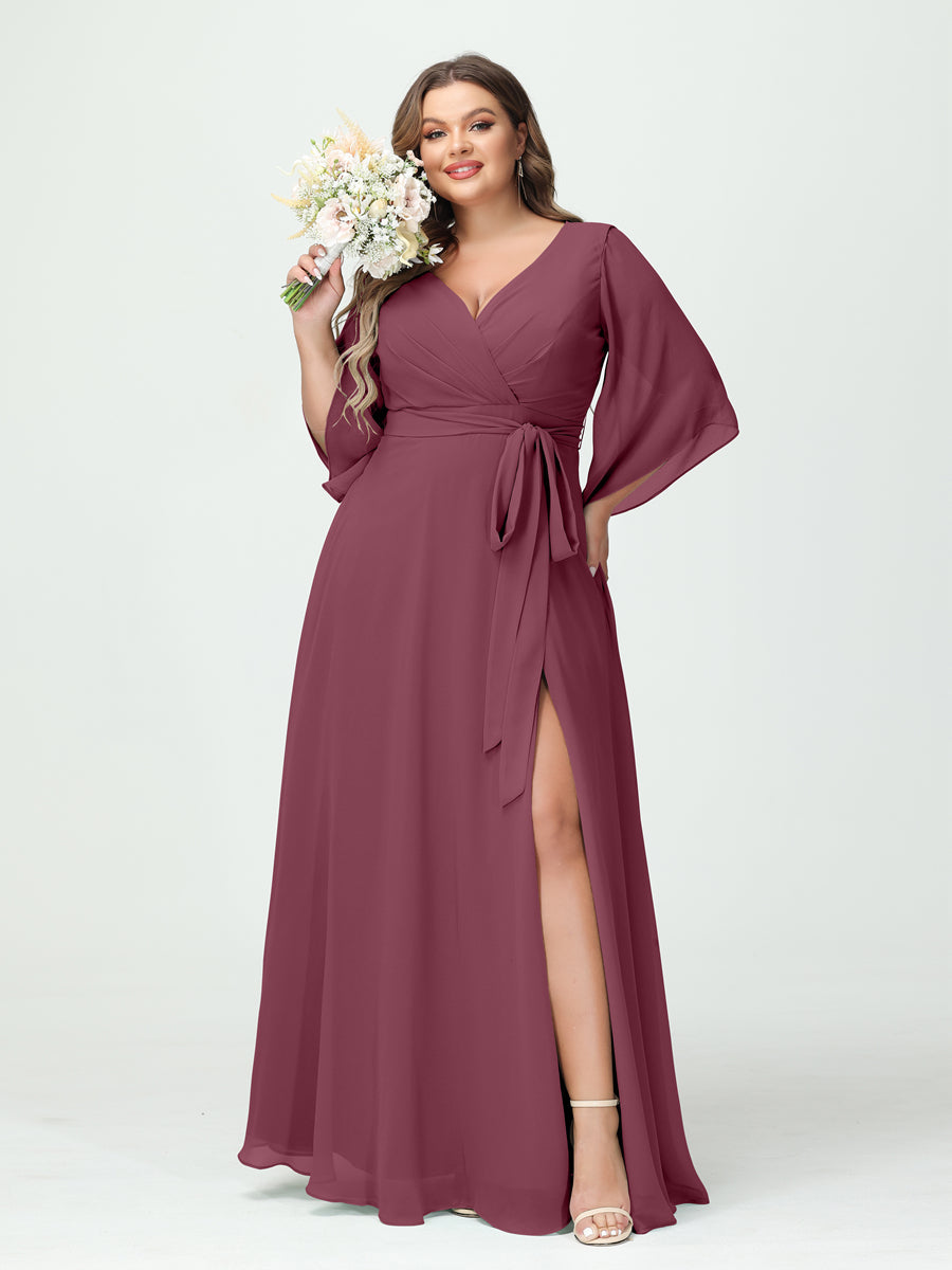 A-Line/Princess V-Neck Long Sleeves Chiffon Split Side Plus Size Bridesmaid Dresses With Pockets Belt Mulberry