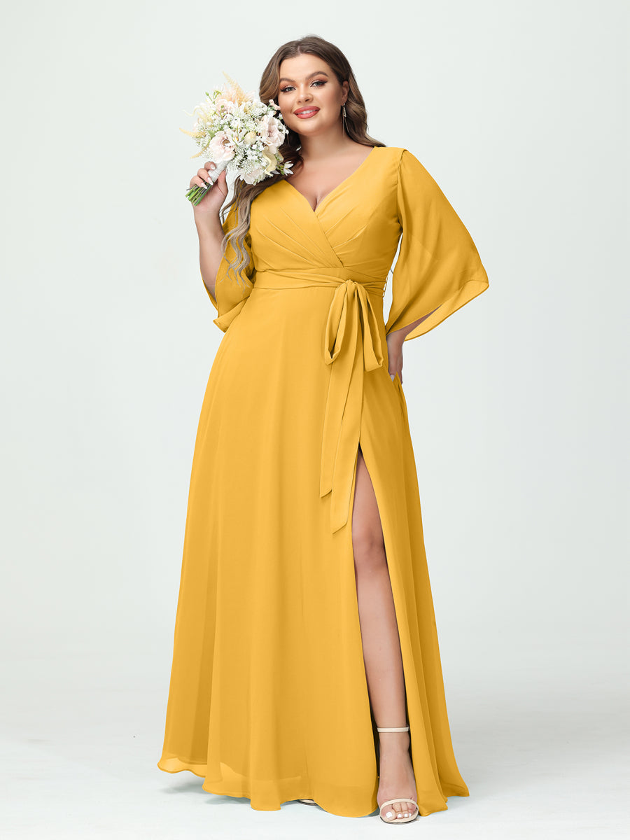 A-Line/Princess V-Neck Long Sleeves Chiffon Split Side Plus Size Bridesmaid Dresses With Pockets Belt Mustard Yellow
