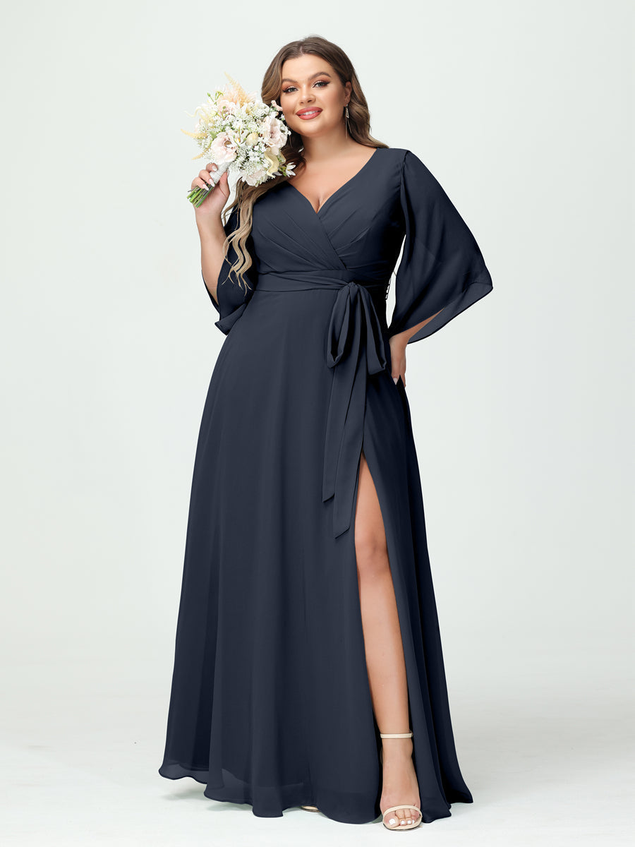 A-Line/Princess V-Neck Long Sleeves Chiffon Split Side Plus Size Bridesmaid Dresses With Pockets Belt Navy Blue