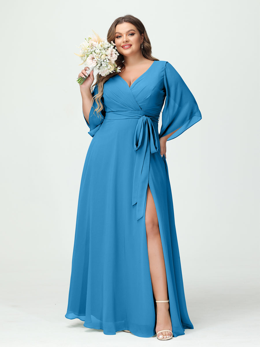 A-Line/Princess V-Neck Long Sleeves Chiffon Split Side Plus Size Bridesmaid Dresses With Pockets Belt Ocean Blue