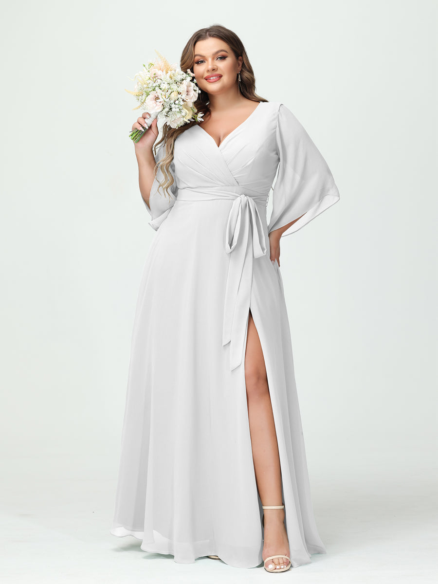 A-Line/Princess V-Neck Long Sleeves Chiffon Split Side Plus Size Bridesmaid Dresses With Pockets Belt Off White