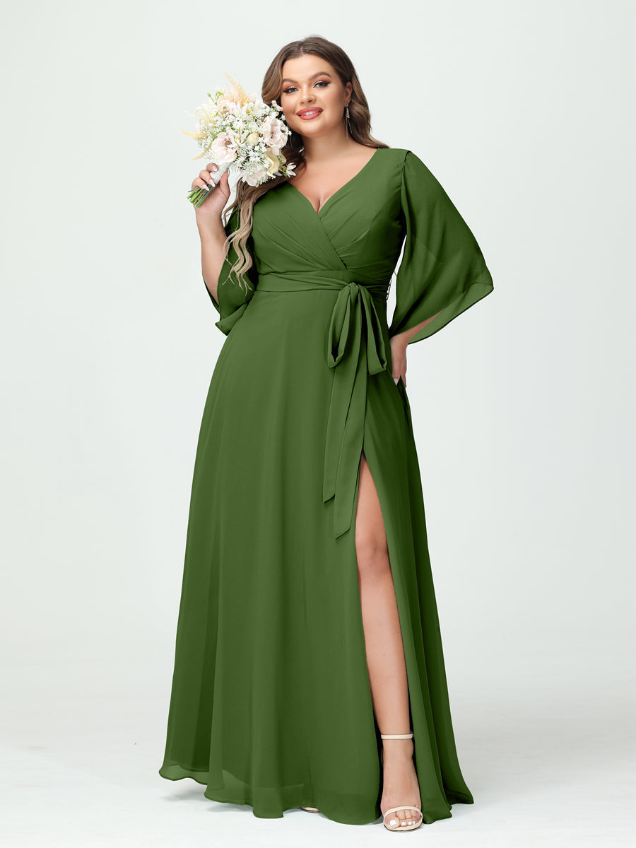 A-Line/Princess V-Neck Long Sleeves Chiffon Split Side Plus Size Bridesmaid Dresses With Pockets Belt Olive Green