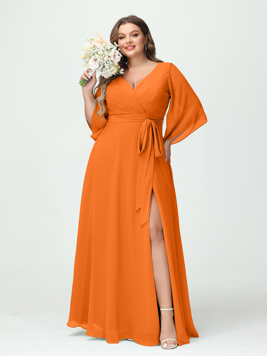 A-Line/Princess V-Neck Long Sleeves Chiffon Split Side Plus Size Bridesmaid Dresses With Pockets Belt Orange