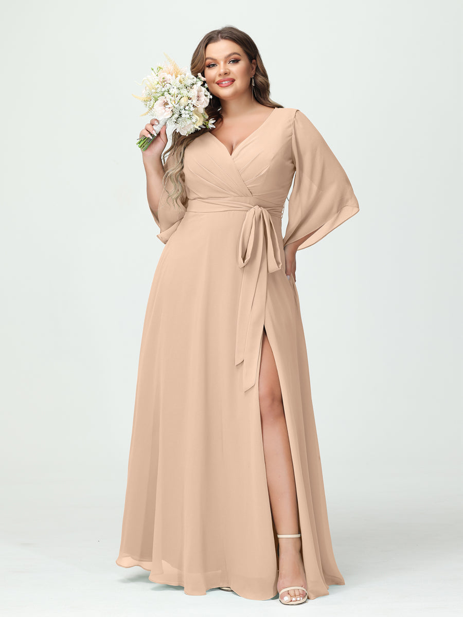 A-Line/Princess V-Neck Long Sleeves Chiffon Split Side Plus Size Bridesmaid Dresses With Pockets Belt Peach Pink