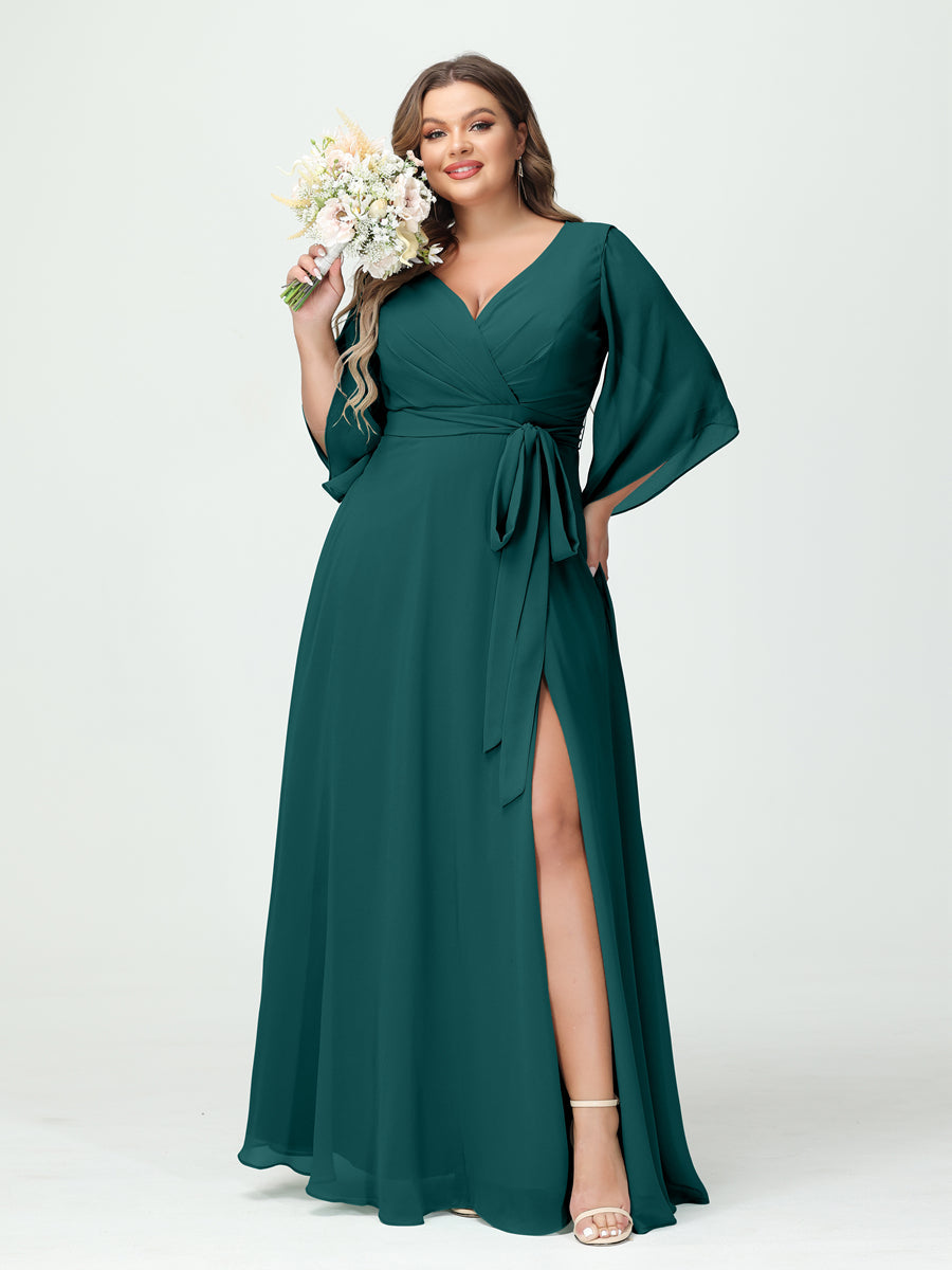 A-Line/Princess V-Neck Long Sleeves Chiffon Split Side Plus Size Bridesmaid Dresses With Pockets Belt Peacock