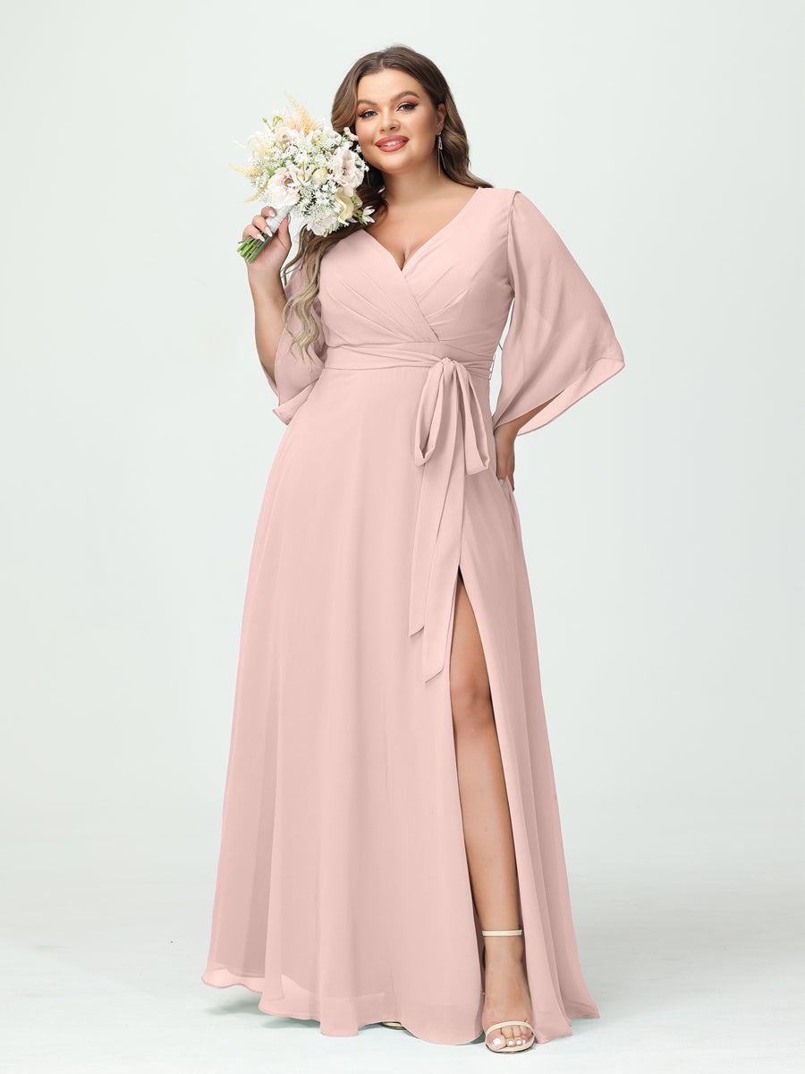A-Line/Princess V-Neck Long Sleeves Chiffon Split Side Plus Size Bridesmaid Dresses With Pockets Belt Pearl Pink
