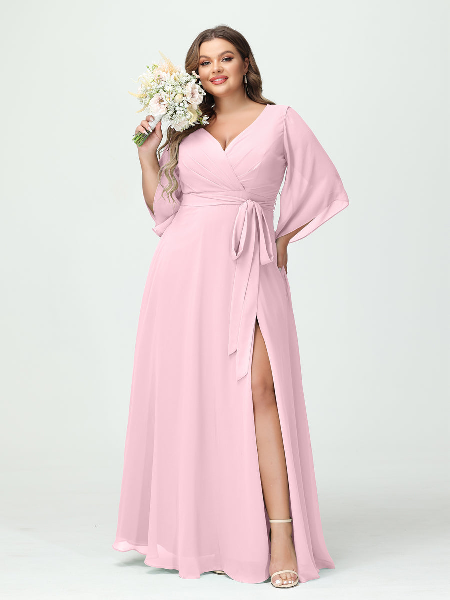 A-Line/Princess V-Neck Long Sleeves Chiffon Split Side Plus Size Bridesmaid Dresses With Pockets Belt Pink