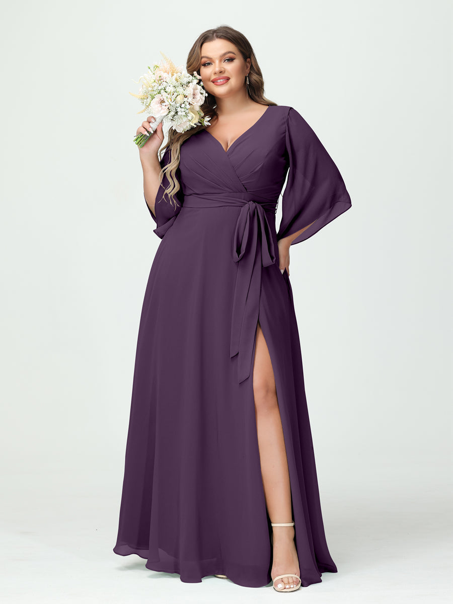A-Line/Princess V-Neck Long Sleeves Chiffon Split Side Plus Size Bridesmaid Dresses With Pockets Belt Plum