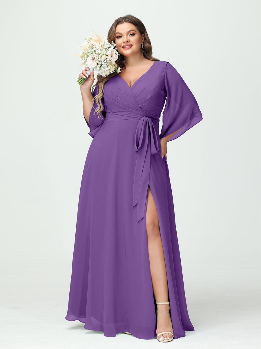 A-Line/Princess V-Neck Long Sleeves Chiffon Split Side Plus Size Bridesmaid Dresses With Pockets Belt Purple