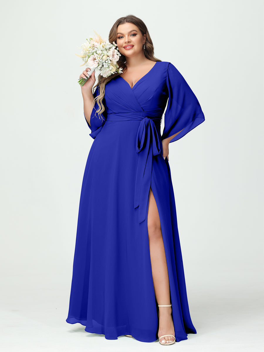 A-Line/Princess V-Neck Long Sleeves Chiffon Split Side Plus Size Bridesmaid Dresses With Pockets Belt Royal Blue