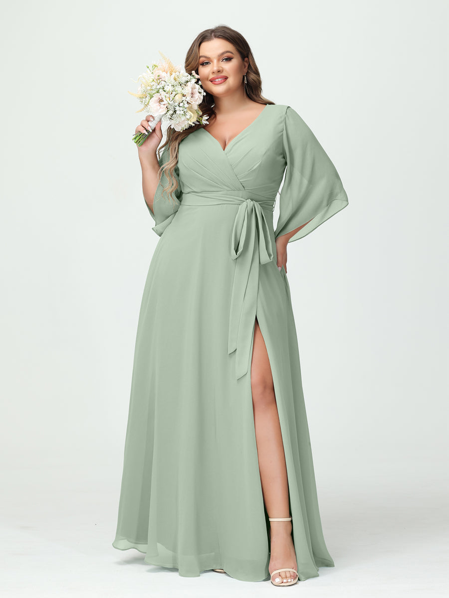 A-Line/Princess V-Neck Long Sleeves Chiffon Split Side Plus Size Bridesmaid Dresses With Pockets Belt Sage