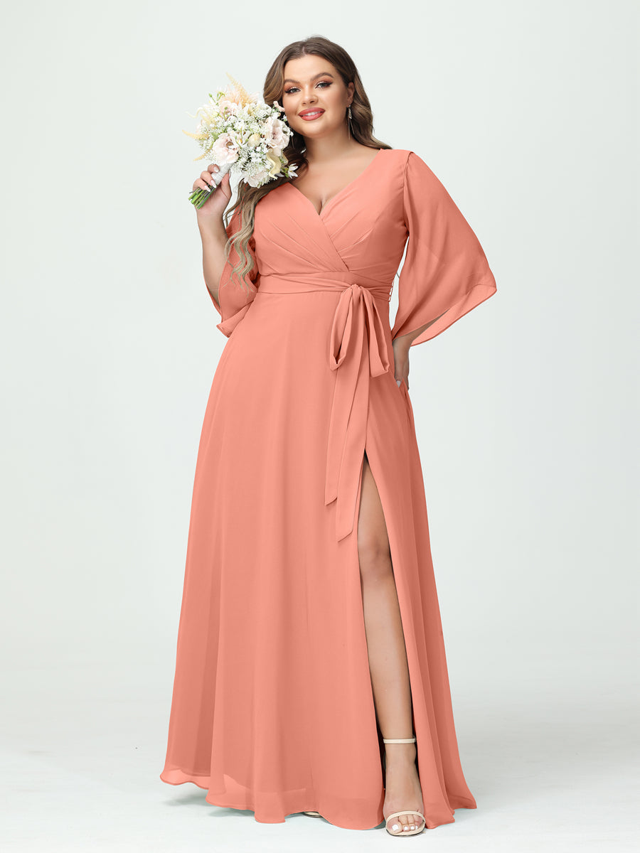 A-Line/Princess V-Neck Long Sleeves Chiffon Split Side Plus Size Bridesmaid Dresses With Pockets Belt Salmon