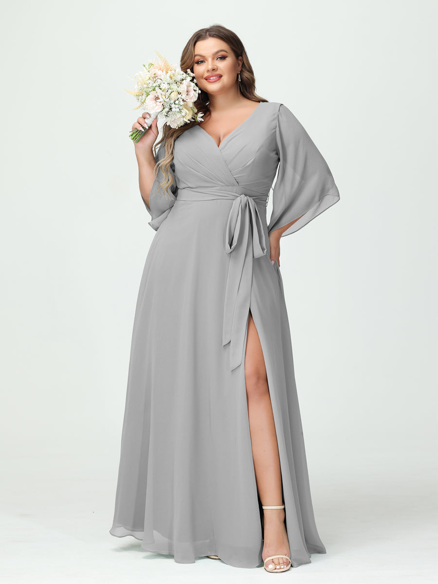A-Line/Princess V-Neck Long Sleeves Chiffon Split Side Plus Size Bridesmaid Dresses With Pockets Belt Silver