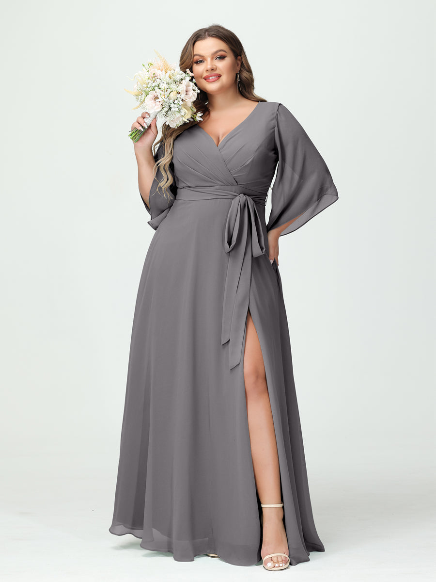 A-Line/Princess V-Neck Long Sleeves Chiffon Split Side Plus Size Bridesmaid Dresses With Pockets Belt Silver Gray