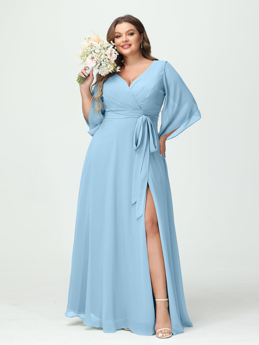 A-Line/Princess V-Neck Long Sleeves Chiffon Split Side Plus Size Bridesmaid Dresses With Pockets Belt Sky Blue