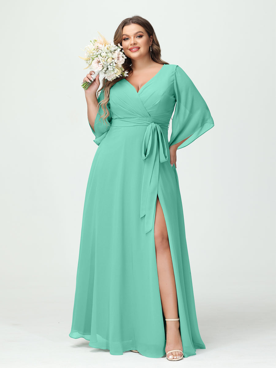 A-Line/Princess V-Neck Long Sleeves Chiffon Split Side Plus Size Bridesmaid Dresses With Pockets Belt Spa