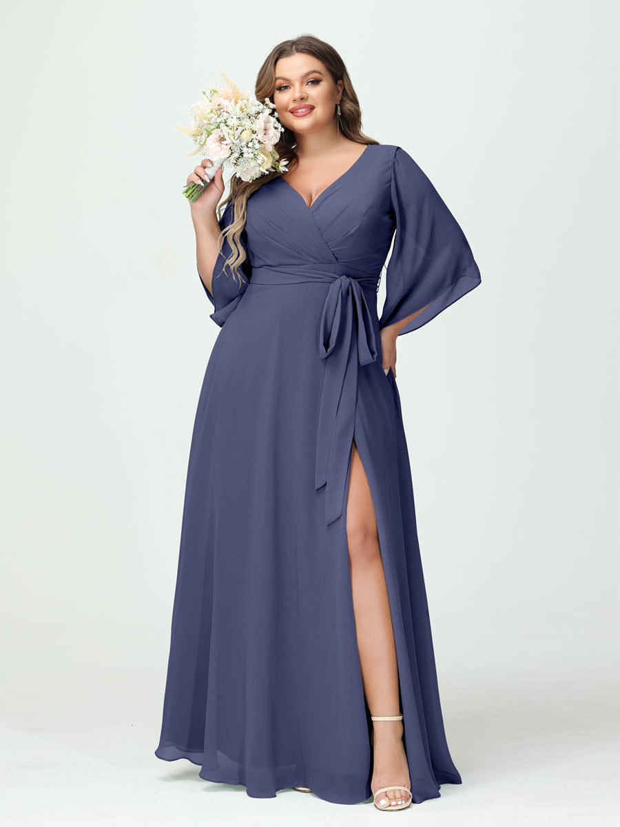 A-Line/Princess V-Neck Long Sleeves Chiffon Split Side Plus Size Bridesmaid Dresses With Pockets Belt Stormy Blue
